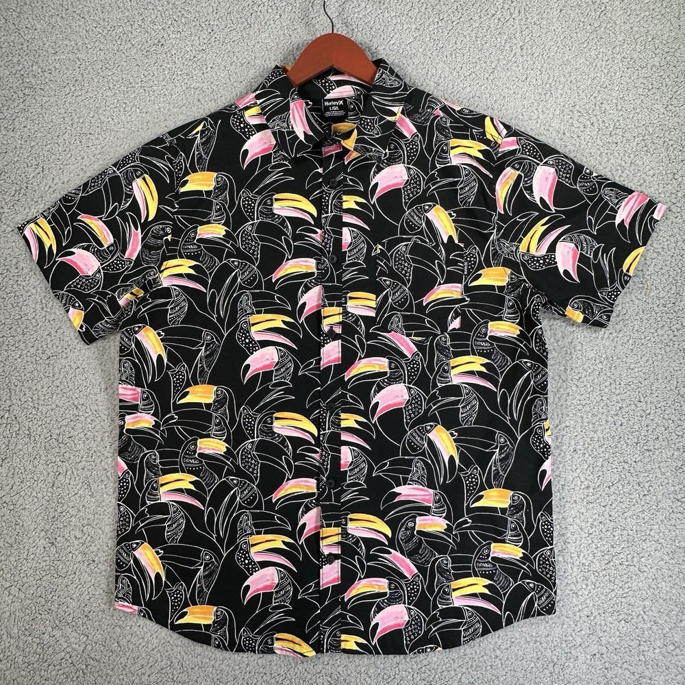 Hurley Men's Shirt L Black Toucan Hawaiian Button Up Short Sleeve Tropical Camp